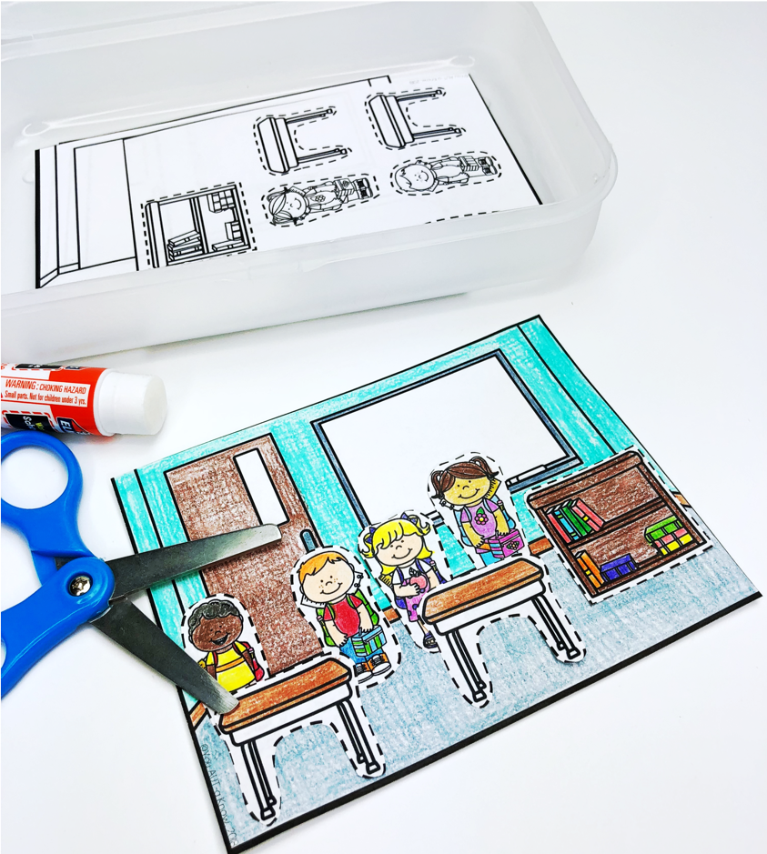 Back to school fine motor activity. Classroom items cut out and placed in a classroom template.