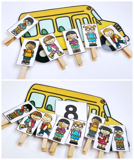 Back to school fine motor clip kids onto the bus. Errorless and counting versions.
