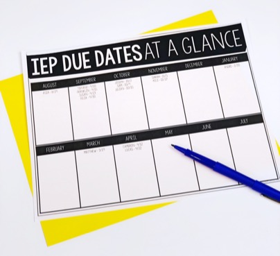 Tip for new special education teachers: IEP Due Dates at a Glance sheet to keep you organized