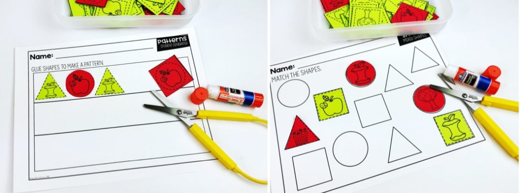 Apple fine motor shape cutting activity. Cut shapes to make pattern or match shapes.