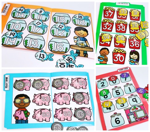 Number recognition activities: number file folders. 4 file folders laid out in a collage. Number 10-19 in a fishbowl/fish matching; numbers 30-39 in a popcorn tub/popcorn matching; numbers 60-69 in a piggy bank/coin matching; 0-9 in a candy jar/candy matching.