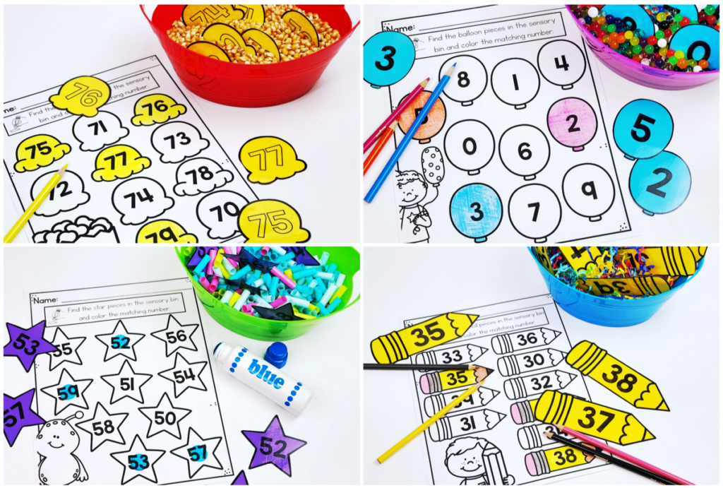 Number recognition activities: sensory bins. Collage of 4 sensory bins: popcorn kernels with popcorn number cards, water beads with balloon number cards, snipped straws with star number cards, paper crinkles with pencil number cards