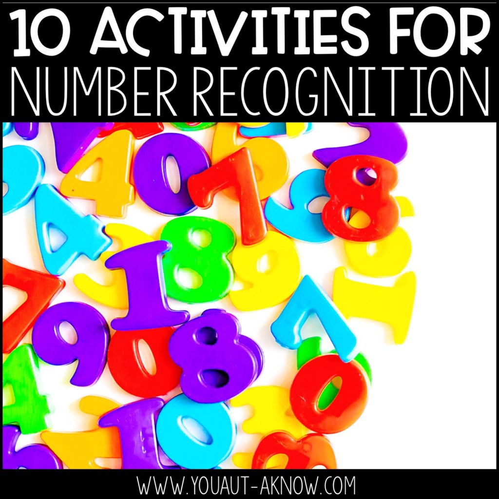 10 activities for number recognition. Title with number magnets on image.