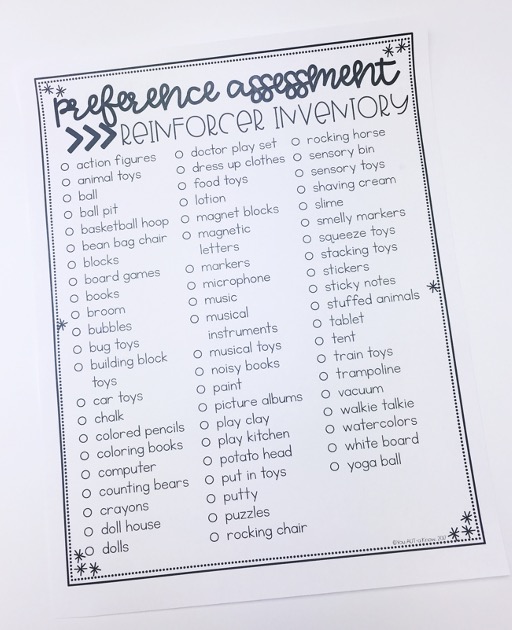Picture of a reinforcer inventory. Checklist for teachers to check of potential reinforcers in their classroom before conducting a preference assessment.