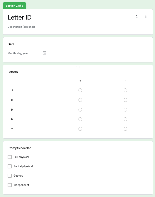 Screenshot of Google Form. Section 2 of 6. Section title: Letter ID. Input sections for date, letters, and prompts needed are listed