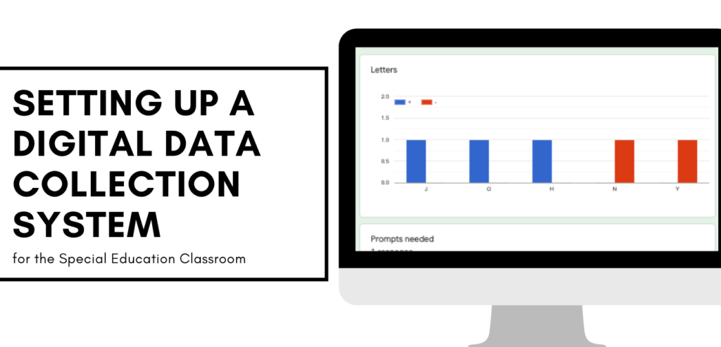 Image with a computer screen to the right. On the screen is a data graph for the letters J O H N and Y. On the left there is text that says setting up a digital data collection system for the special education classroom.