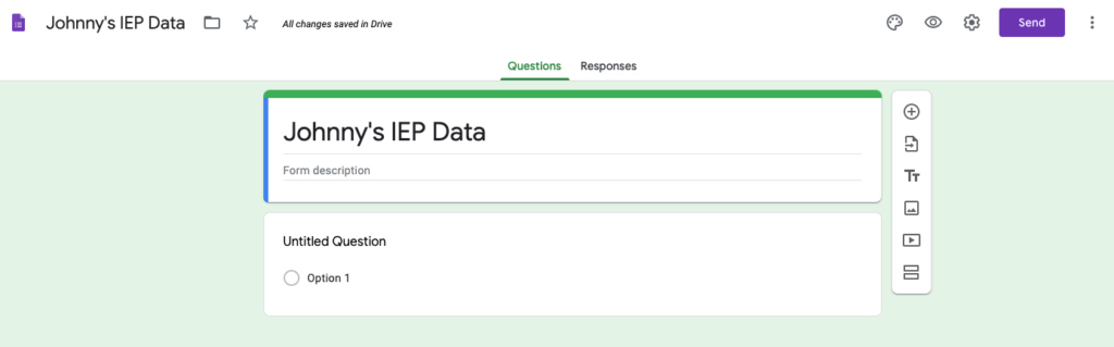 Screenshot of Google Forms. Titled "Johnny's IEP Data"