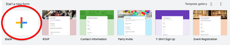 Screenshot from Google forms home page. The blank template on the left is circled with a red circle.