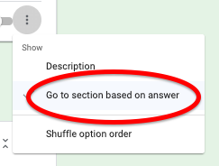 Screenshot of google form dropdown. Go to section based on answer is circled in red.