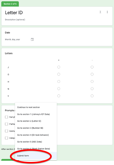 Screenshot of google form section that tracks letter id. Dropdown at bottom of the field is open and the "Submit form" choice is circled in red