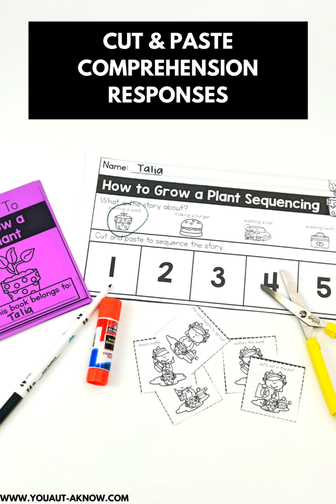 Text overlay: "Cut & Paste comprehension responses" with a purple text about growing a plant on the left side. Worksheet on the right titled "How to grow a plant" with pieces cut out below the worksheet and scissors, glue, and a black marker on a white background.