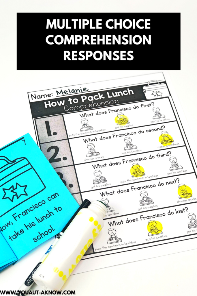 Text overlay: "Multiple choice reading comprehension responses" with a blue text about packing a lunch on the left side. Worksheet on the right titled "How to pack a lunch" with pictures for responses. A yellow bingo dotter and black marker lay on the white background. 5 answer choice have been dotted in yellow.